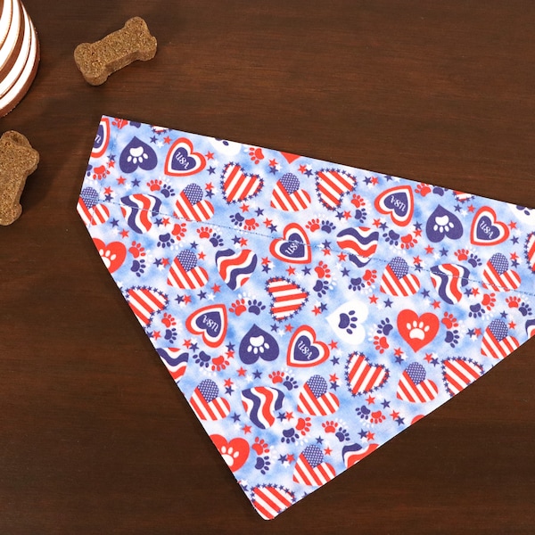 4th of July Dog Bandana Personalized (Over the Collar) - Hearts and Flags / Independence Day / Patriotic Dog Bandana / Gift For Pets