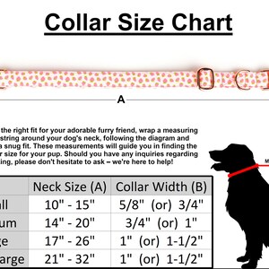 May include: A chart showing collar sizes for dogs, with measurements in inches. The chart includes neck size and collar width. The chart is illustrated with a pink and white patterned dog collar and a silhouette of a dog.
