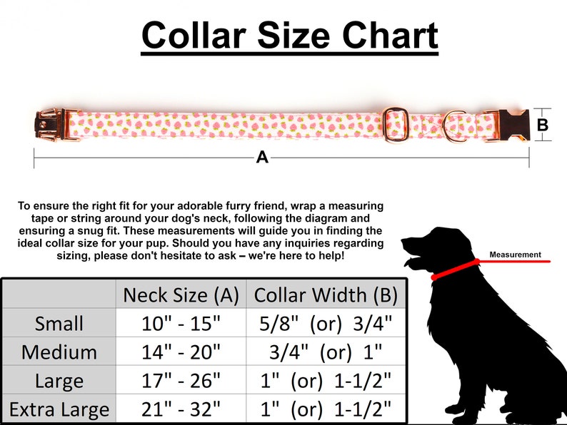 May include: A chart showing collar sizes for dogs, with measurements in inches. The chart includes neck size and collar width. The chart is illustrated with a pink and white patterned dog collar and a silhouette of a dog.