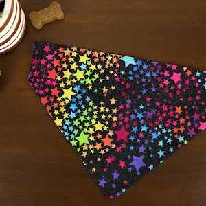 Star Dog Bandana (Over the Collar) - Colorful Stars on Black // Glittery Bandana // Star Cat Bandana // Slip on // Gift For Pets