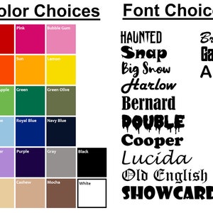 May include: A chart with color choices for a design project. The colors include red, pink, bubble gum, orange, sun, lemon, green apple, green, green olive, pale blue, royal blue, navy blue, lavender, purple, gray, black, cream, cashew, mocha, and white. The chart also includes font choices for the design project. The fonts include Haunted, Snap, Big Snow, Harlow, Bernard, Double, Cooper, Lucida, Old English, and Showcard.