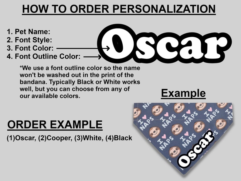 Puede incluir: Imagen que muestra instrucciones para pedir una bandana personalizada para mascotas. El texto incluye opciones para el nombre de la mascota, el estilo de fuente, el color y el contorno. Se muestra un ejemplo de bandana con el nombre "Oscar".