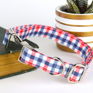 Plaid Dog Collar / 4th of July Dog Collar / Metal Buckle Hardware / Red, White & Blue Dog Collar / Custom Dog Collar / Gift for Pets