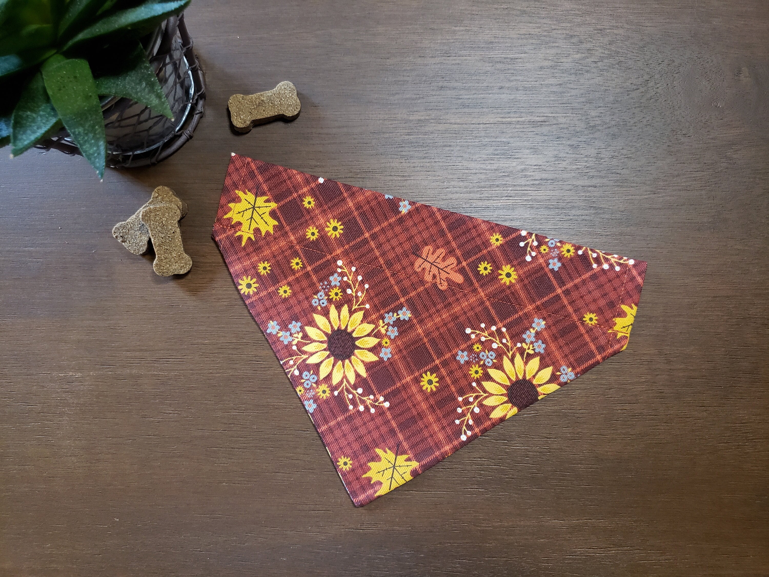 Sunflower Brown Plaid Dog Bandana | Over The Collar - Fall // Cat Flower Autumn Gift For Pets