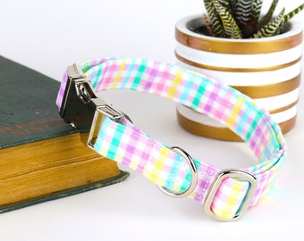 Plaid Dog Collar: Colorful Easter, Handmade Collar with Metal or Plastic Buckle