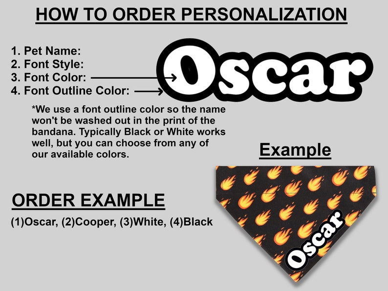 May include: How to personalize a bandana with a pet's name, font style, color, and outline color. An example shows a black bandana with yellow flames and the name "Oscar" in white text with a black outline.