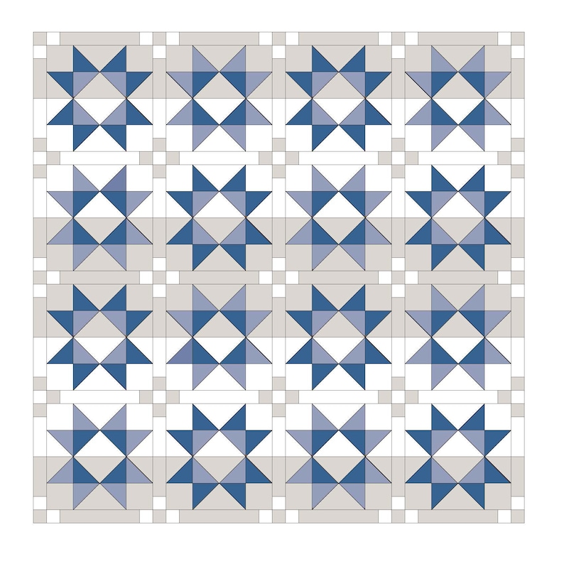 May include: A quilt block pattern with a repeating star design. The quilt block is made up of white, light gray, and blue fabric.