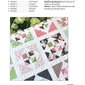 May include: A quilt pattern called "Window Garden" with a sample quilt made with pink, green, black, and brown fabrics. The quilt is 64 1/2 inches by 76 1/2 inches and is layer cake friendly. The quilt is designed and pieced by Taunja Kelvington and machine quilted by Barb Erickson of Quilts on Broadway. The fabrics are Olive's Flower Market by Lella Boutique for Moda Fabrics.
