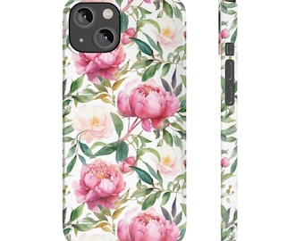 Puede incluir: Una funda de teléfono blanca con un patrón floral con peonías rosas y blancas y hojas verdes.