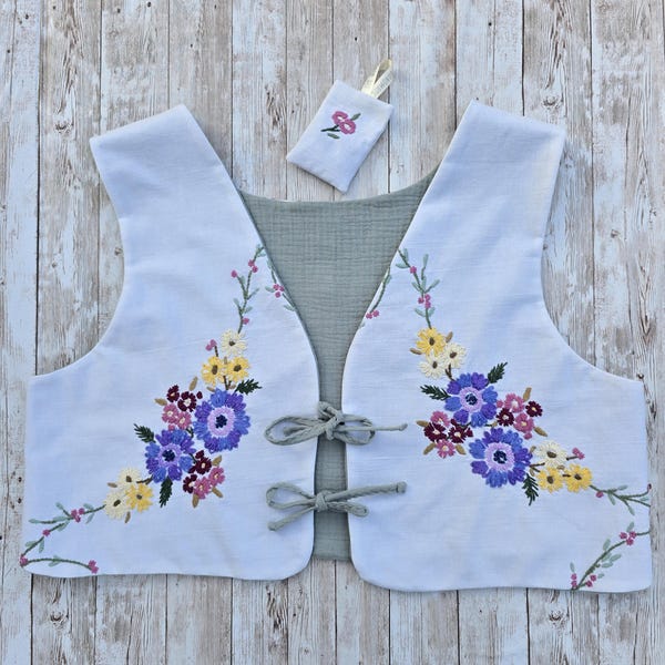 Tie front top ,vintage hand embroidered cloth reworked. cottage core, festival summer waistcoat top. handmade sustainable slow fashion rever