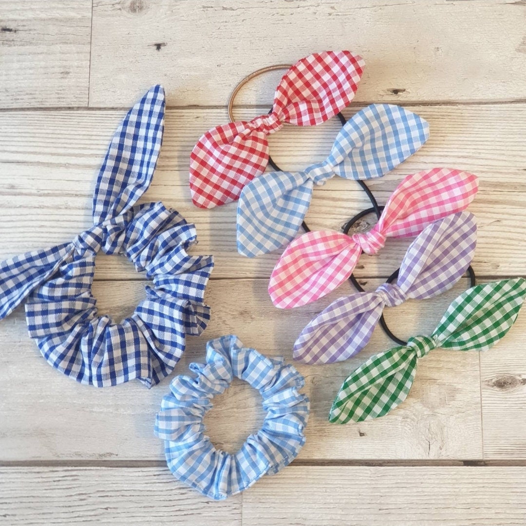 Bunny bows, scrunchies, bow scrunchies, school bows, gingham, colours  ,red ,blue, navy, pink, green, Pairs of bows too!