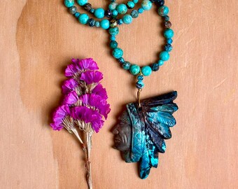 Carved Chrysocolla Native American Indian Necklace with Turquoise and Chrysocolla Beads