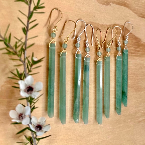 Long Green Aventurine Earrings Available in Gold Vermeil or Sterling Silver