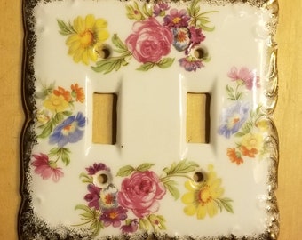 Vtg Japan porcelain pink floral and gold trim double light switch cover plate