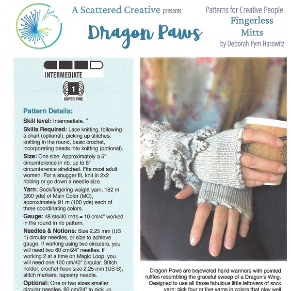 Fingerless mitts knitting pattern, ruffled hand warmers, beaded wrist warmers, Fingering Weight, instant PDF download, knit hand warmers