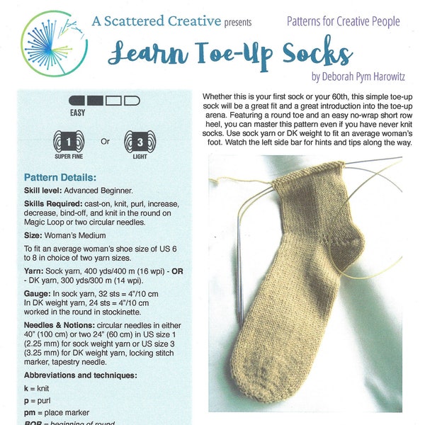 Knitted Socks Pattern, Learn Toe-Up Method, Round Toe & Short-Row Heel, Sock/DK Weight, Digital Download PDF
