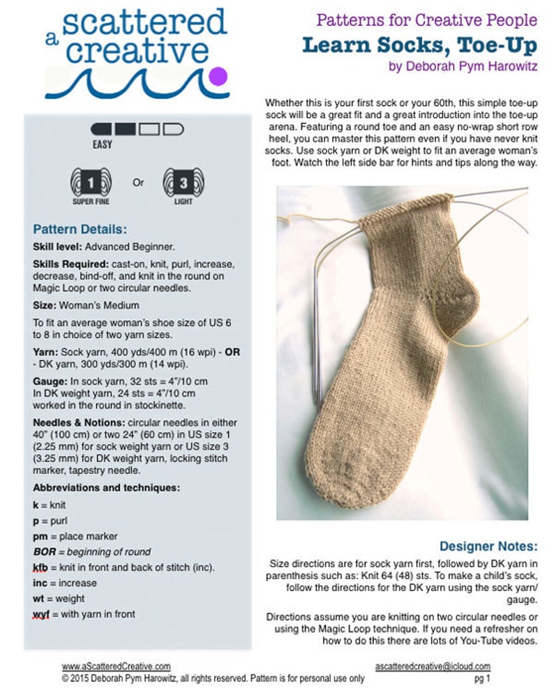 Digital Knitting Pattern Learn Socks Toe Up Sock Knitting Pattern Digital Download Pdf Round Toe No Wrap Short Row Heel