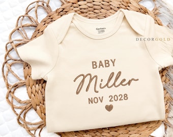 Embroidered Personalized Pregnancy Announcement Onesie® , Expected Due Date Baby Bodysuit, Newborn Baby Onesie®, Personalized Last Name
