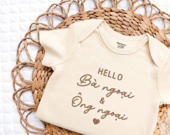 Embroidered Hello Ba Ngoai and ong Ngoai Baby Onesie® Vietnamese Pregnancy Announcement to Grandma Grandpa Onesies® Brand,