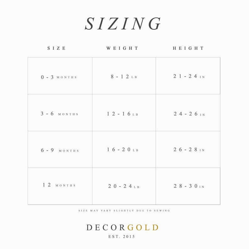 Op de afbeelding: Een cr&egrave;mekleurige tabel met het woord "SIZING" bovenaan. De tabel toont maat, gewicht in ponden en lengte in inches voor baby's van 0-3, 3-6, 6-9 en 12 maanden. Het DecorGold-logo staat onderaan.