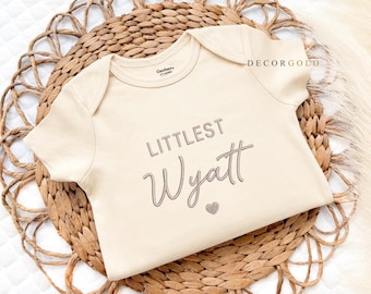 Embroidered Littlest Custom Name Baby Onesie® Custom Pregnancy Announcement Onesie®, Littlest Last name Baby Onesie®, personalized Baby gift