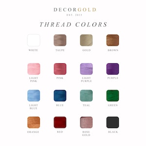 Op de afbeelding: Een kleurenkaart met draadkleuren, waaronder wit, taupe, goud, bruin, lichtroze, roze, lichtpaars, paars, lichtblauw, blauw, teal, groen, oranje, rood, ros&eacute;goud en zwart. De tekst "DECORGOLD EST. 2015" staat bovenaan.