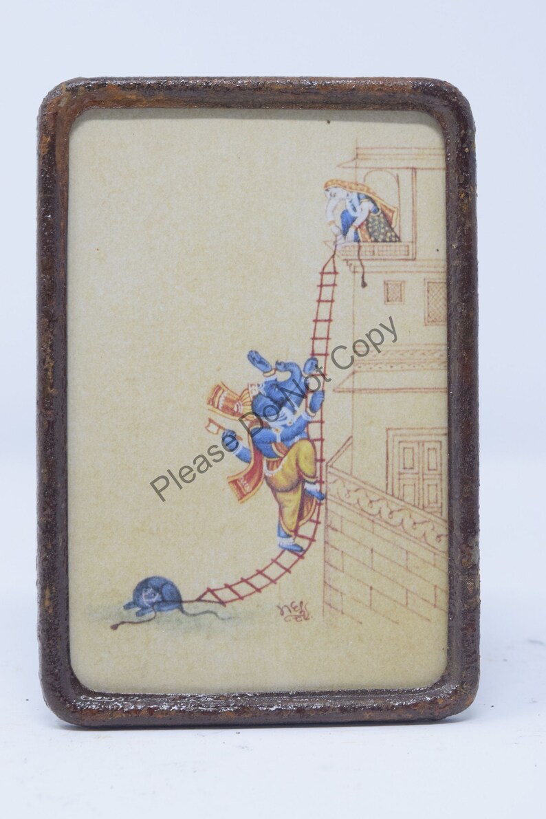 Hindu God Ganesha Playing Having Fun Rare Collectible Vintage Old Religious Print in Old Traditional Antique Rusted Iron Frame #4148