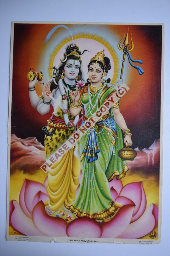 God Shiva and Parvati Original Vintage Indian Mythological Print Old Religious Hindu God Litho Print 1900s 35.5x24 cm Large Art Print #2123