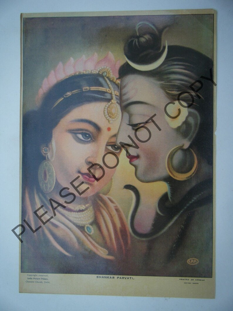 God Shiva and Parvati Original Vintage Indian Mythological Print Old Religious Hindu God Litho Print 1900s 35.5x24 cm Large Art Print #2123