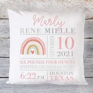 Rainbow Birth Announcement Pillow, Birth Stat Pillow Girl, Personalized Baby Pillow for Girl, Rainbow Baby Gift, Rainbow Pillow, Blush Pink