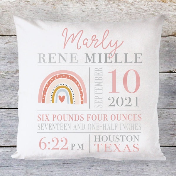 Rainbow Birth Announcement Pillow, Birth Stat Pillow Girl, Personalized Baby Pillow for Girl, Rainbow Baby Gift, Rainbow Pillow, Blush Pink