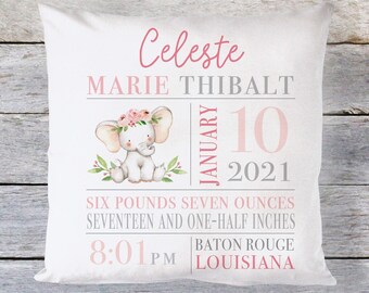 Elephant Birth Announcement Pillow, Birth Stats Elephant Pillow for Girl, Baby Girl Gift, Nursery Pillow for Girl, Personalized Baby Gift