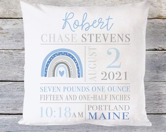 Rainbow Birth Stat Pillow, Birth Announcement Pillow Boy, Personalized Baby Pillow for Boy, Rainbow Baby Gift, Rainbow Pillow Blue for Boy