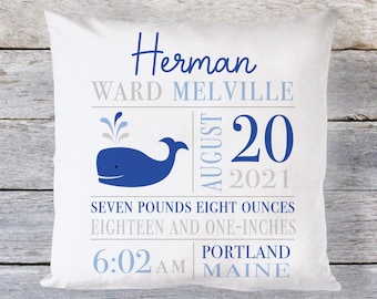 Birth Announcement Pillow Boy, Whale Pillow, Birth Stats Pillow Boy, Baby Gift Boy, Whale Nursery Decor, Name Pillow Boy, Nautical Nursery