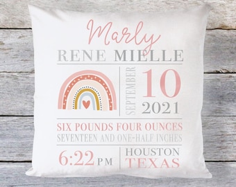 Rainbow Birth Announcement Pillow, Birth Stat Pillow Girl, Personalized Baby Pillow for Girl, Rainbow Baby Gift, Rainbow Pillow, Blush Pink