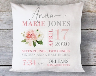 Birth Stats Pillow Girl, Birth Announcement Pillow, Personalized Pillow Girl, Custom Nursery Pillow, Gift for Baby Girl, Newborn Gift
