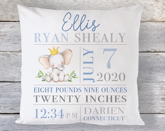 Birth Stats Pillow Boy, Birth Stats Elephant, Baby Boy Gift, New Baby Pillow, Birth Announcement Pillow, Personalized Pillow Boy