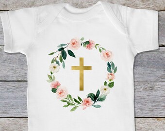 Baptism Bodysuit Girl, Christian T-shirt Girl, Easter T-shirt Girl, Baptism Gift for Girl, Floral Baby Bodysuit, Kids Baptism T-shirt