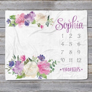 Milestone Blanket Girl, Floral Milestone Blanket, Flowers Monthly Baby Blanket, Purple Milestone Blanket, New Mom Gift, Baby Growth Tracker