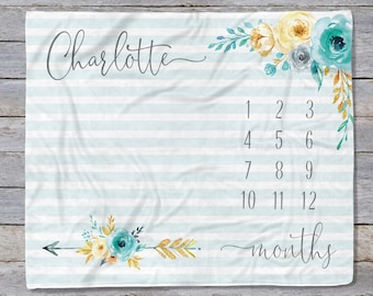 Boho Milestone Blanket Girl, Floral Milestone Blanket, Monthly Growth Tracker, Personalized Baby Blanket, Baby Girl Gift, Boho Nursery Decor