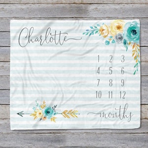 Boho Milestone Blanket Girl, Floral Milestone Blanket, Monthly Growth Tracker, Personalized Baby Blanket, Baby Girl Gift, Boho Nursery Decor