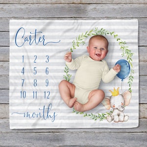 Personalized Elephant Milestone Blanket: Baby Boy Photo Prop