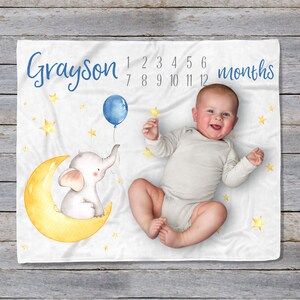 Personalized Elephant Milestone Blanket: Watercolor Moon & Stars Nursery Decor