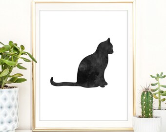 Black Cat Watercolor Silhouette Art Print (Digital Download)