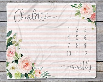 Girl Milestone Baby Blanket Personalized Monthly Blanket Blush Pink Roses Baby Growth Tracker Newborn Gift for Girl Baby Keepsake Baby Girl