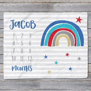 Rainbow Baby Blanket, Milestone Blanket Boy, Rainbow Baby Gift, Personalized Baby Blanket, Month to Month Blanket, Baby Growth Tracker Boy