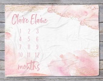 Personalized Pink Watercolor Baby Milestone Blanket