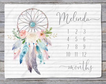 Dreamcatcher Baby Blanket, Boho Milestone Blanket, Baby Growth Tracker Girl, Boho Nursery Decor, Gift for Baby Girl, New Mom Gift
