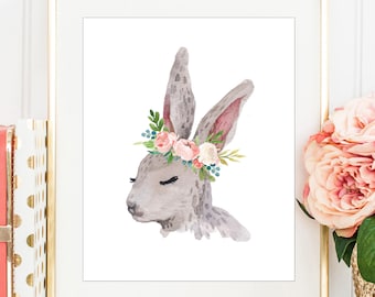 Watercolor Bunny Print: Floral Wreath, Blush Pink Nursery (Digital Download)