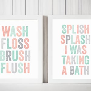 Set of 2 Prints, Bathroom PRINTABLES, Wash Floss Brush Flush, Coral Bathroom Decor, Coral and MInt, Kids Bathroon Art, Peach and Mint
